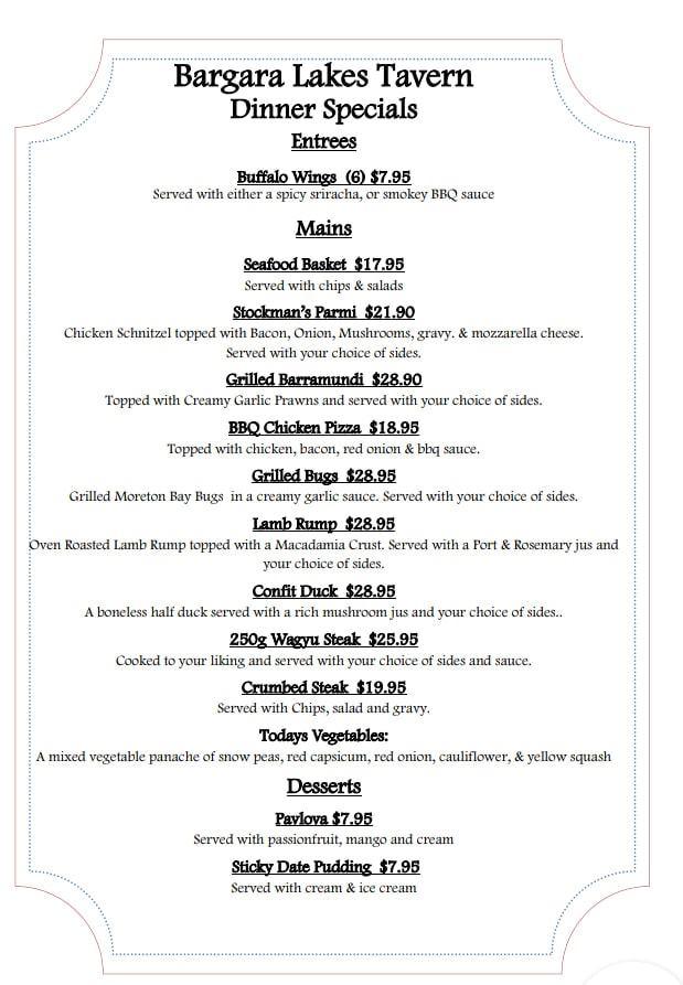 Menu at Bargara Lakes Tavern, Bargara