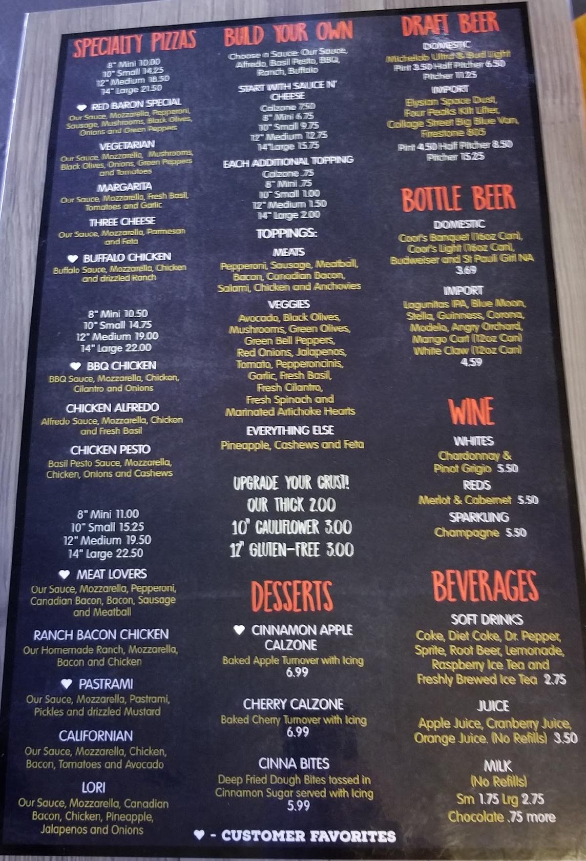 Menu at Red Baron Wings and Pizza, Lake Havasu City
