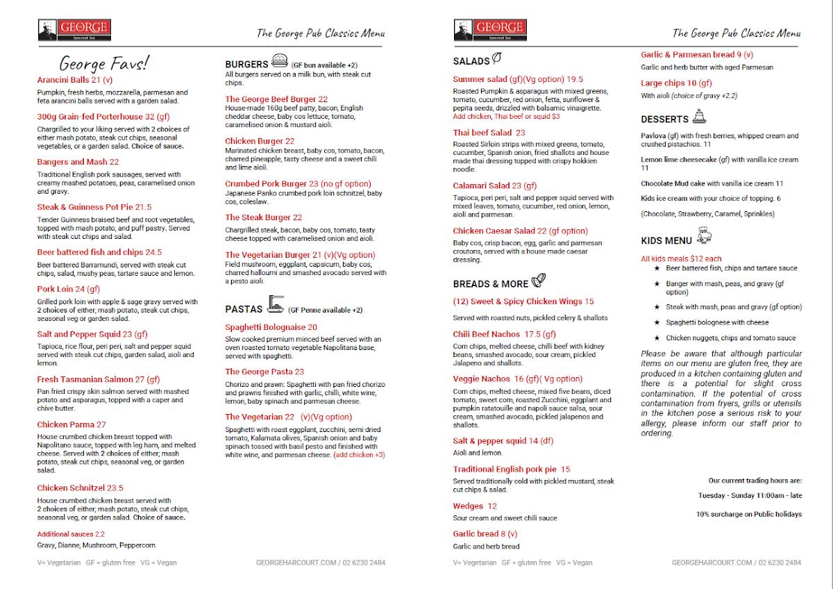 Menu at The George Harcourt Inn pub & bar, Nicholls