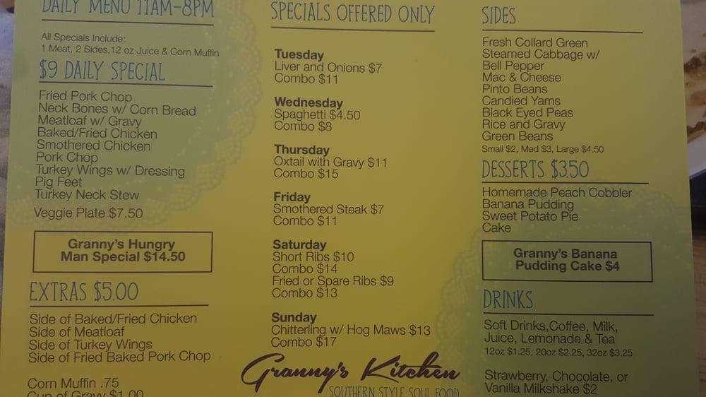 Menu at Granny's Kitchen Southern Style Soul Food restaurant, Los Angeles