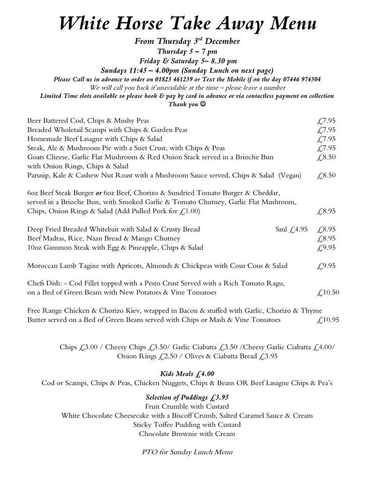 Menu at White Horse Inn pub & bar, BradfordonTone, Regents Street