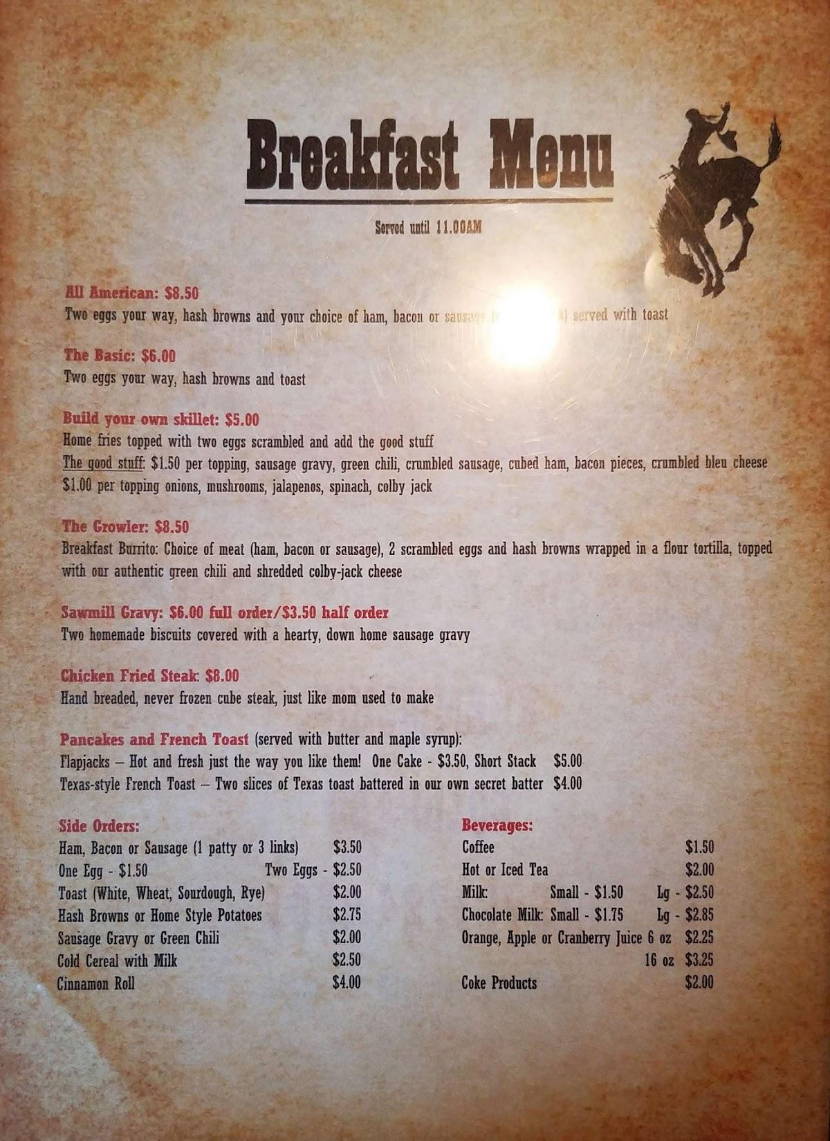 Menu at Grand Old West restaurant, Kremmling