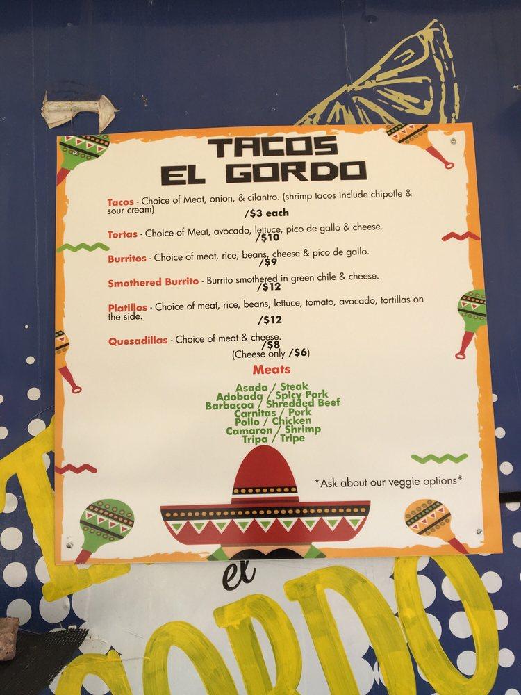 Menu at Tacos El Gordo restaurant, Moab, 39 W 100 N