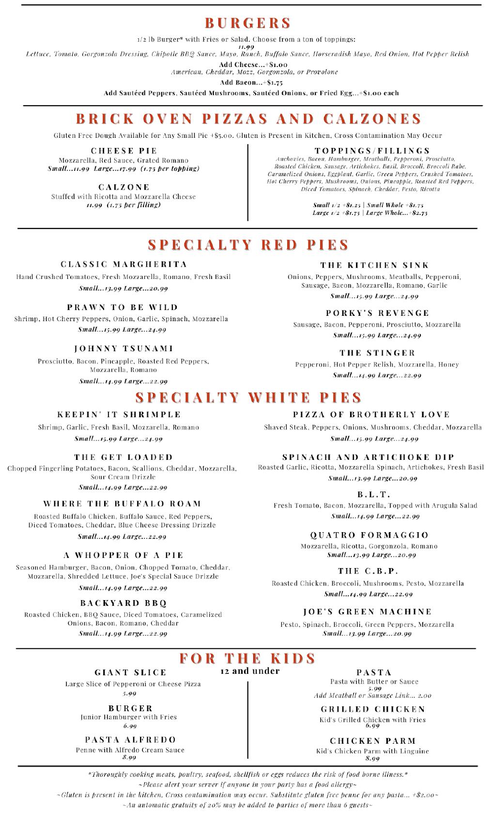 Menu at Tomato Joe's pizzeria, Rocky Hill