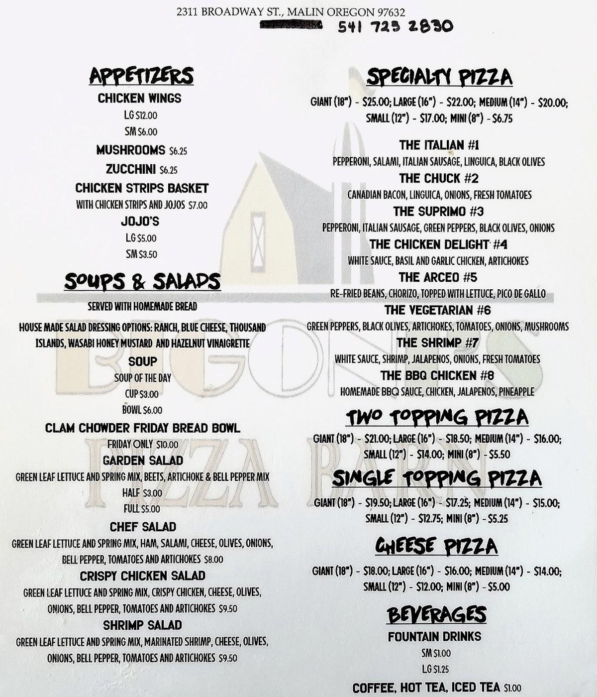 Menu at Bigoni's Pizza Barn, Malin