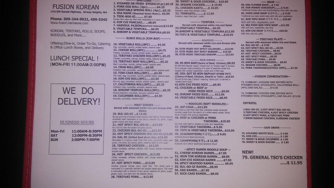 Menu at Fusion Korean Restaurant, Airway Heights, W Sunset Hwy