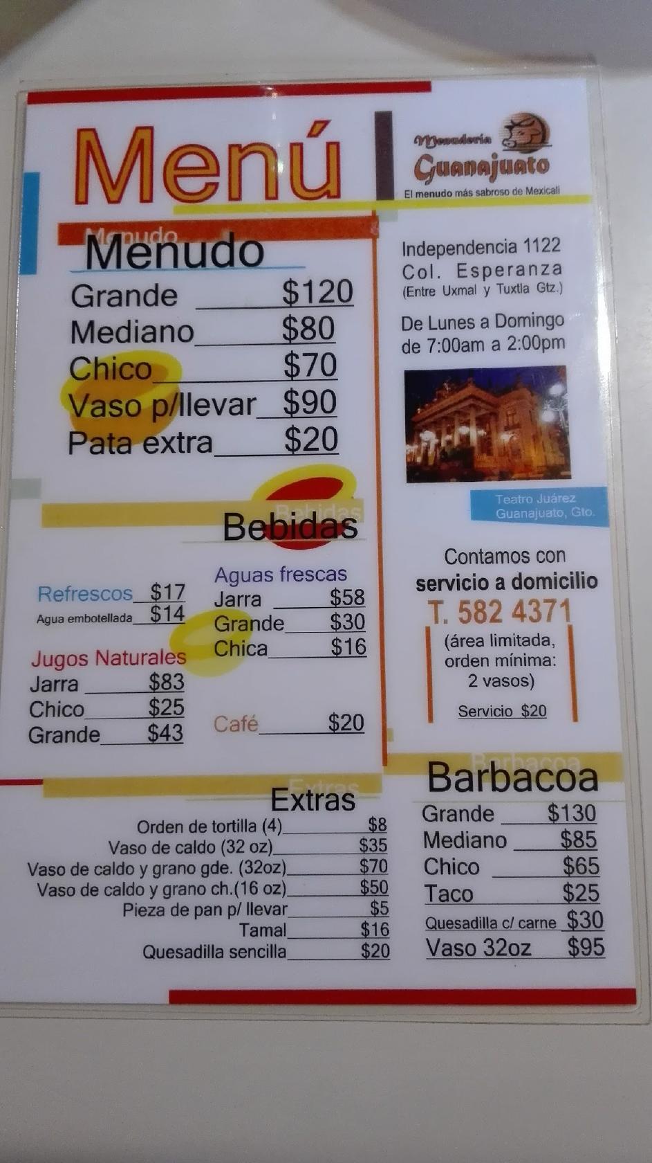 Carta del restaurante Menuderia Guanajuato, Mexicali