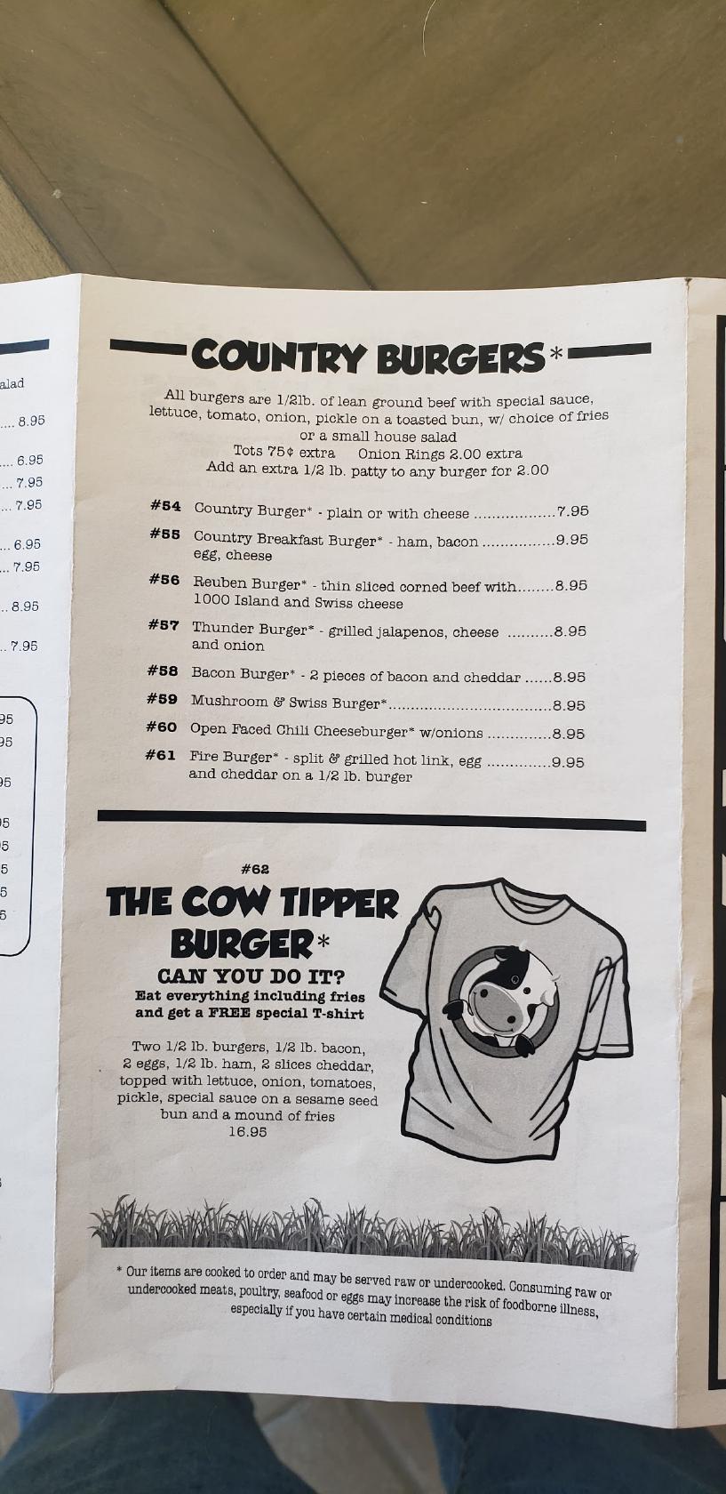 Menu at Tippy cow cafe, Billings