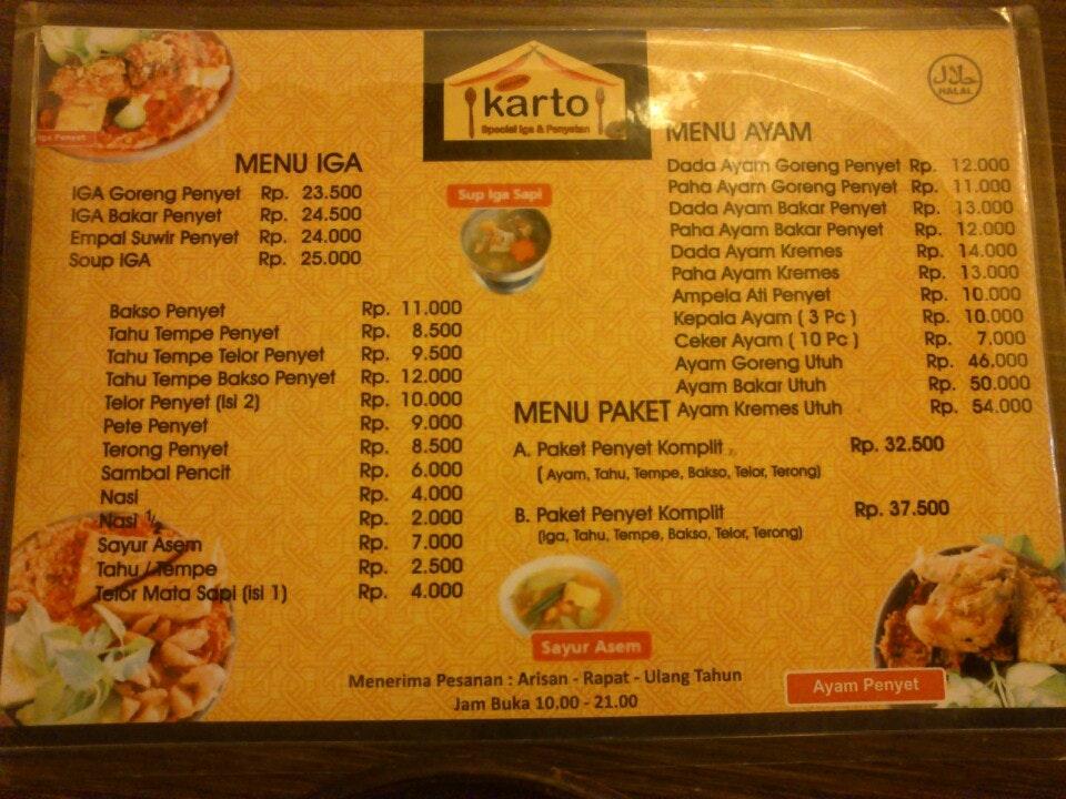 Carta del restaurante Warung Iga Penyet P. Karto, Sidoarjo