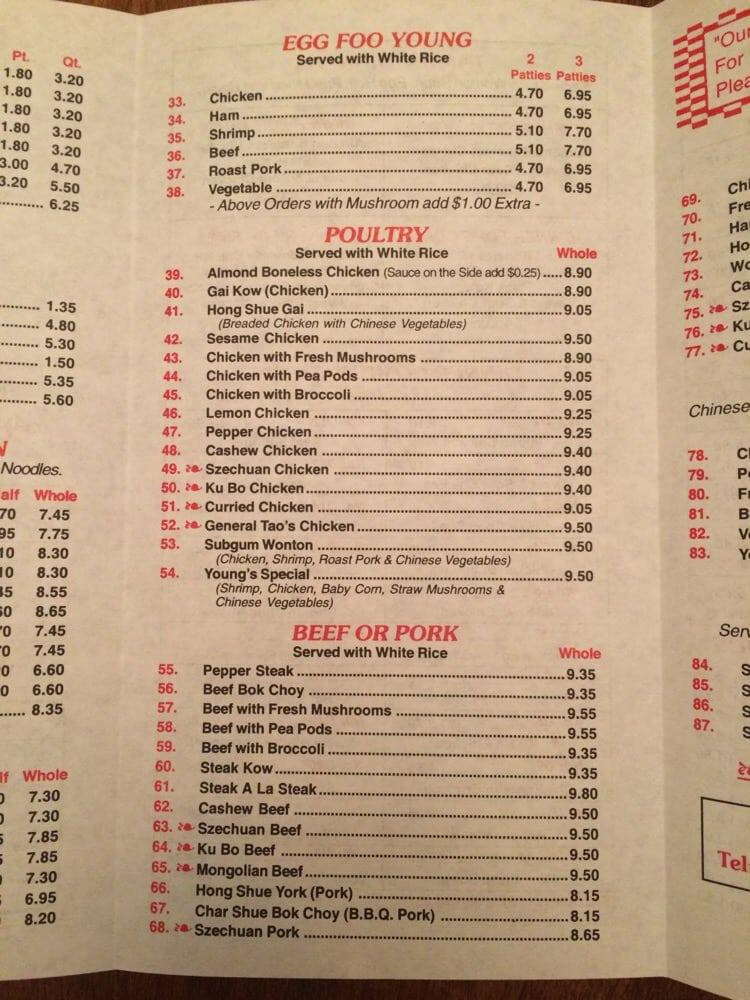 Menu at Young's Chinese Food Carryout restaurant, Royal Oak