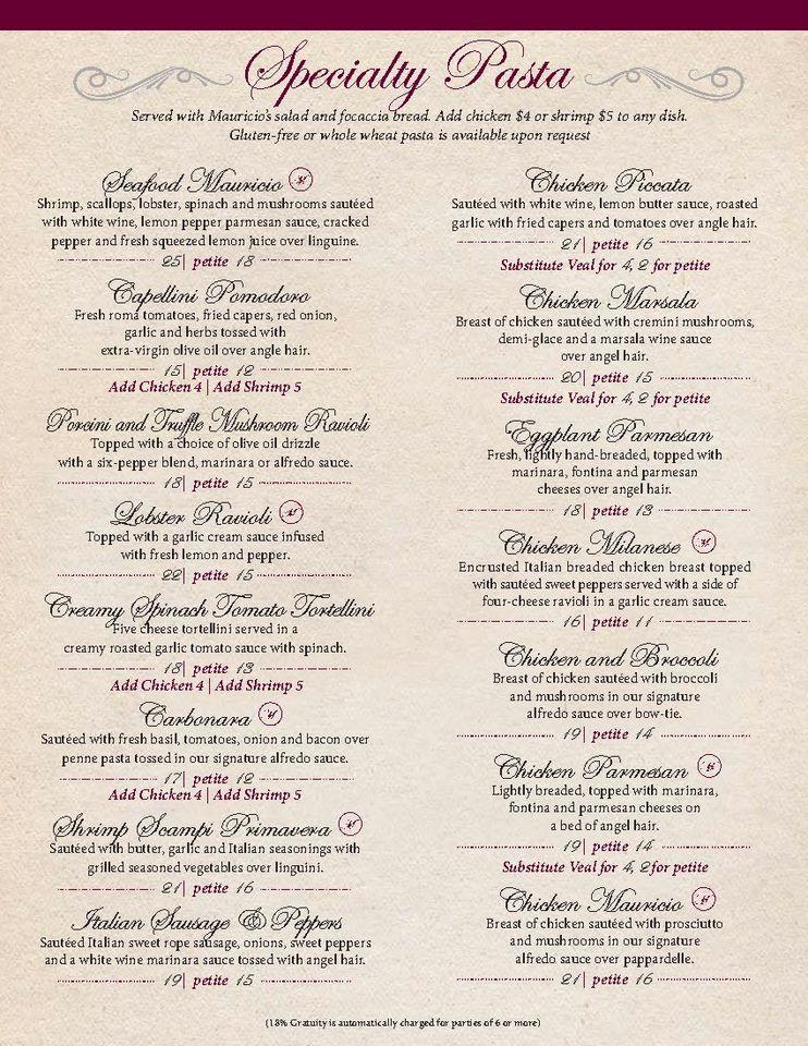 Menu at Mauricio's Italian Restaurant, Cookeville