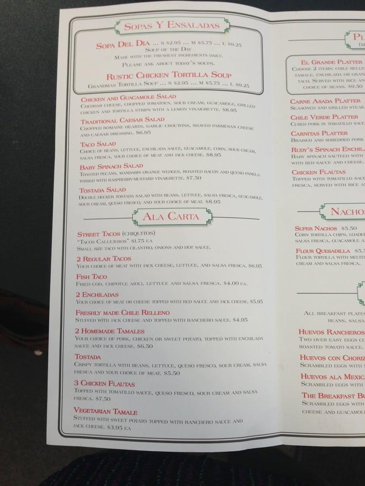 Menu at Rudy's Gourmet Mexican restaurant, Rocklin