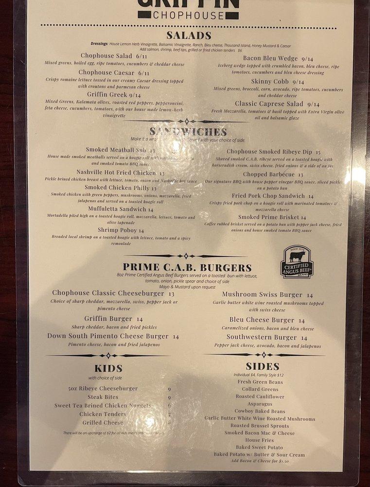 Menu at Griffin Chophouse BBQ, Lexington
