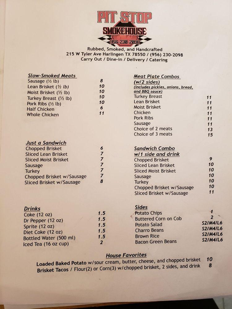Menu at Pit Stop BBQ Smokehouse, Harlingen