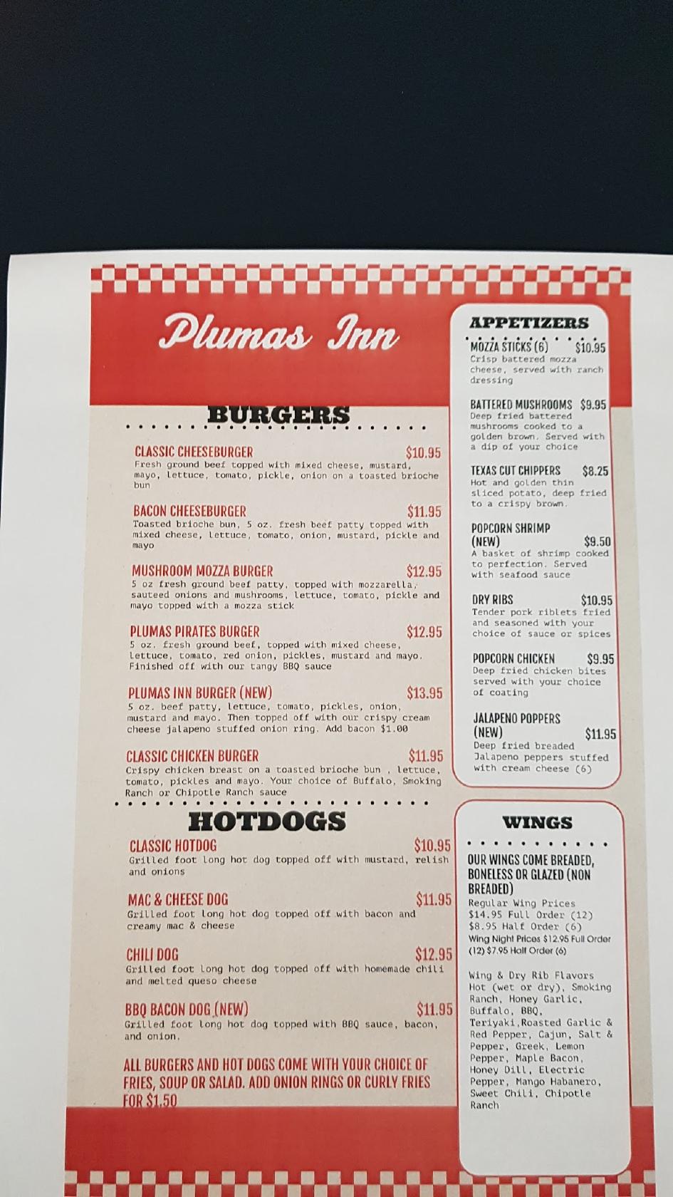 Menu at Plumas Inn pub & bar, Plumas