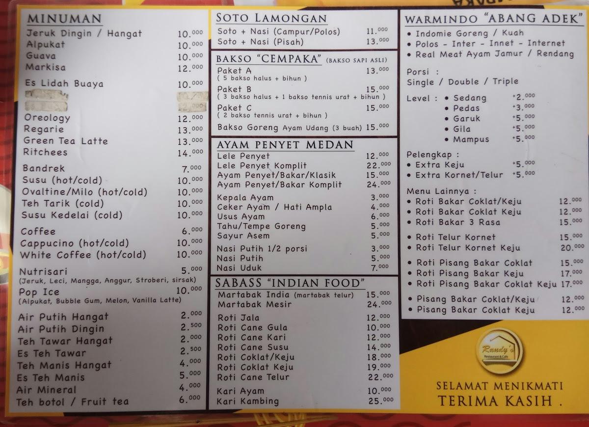 Menu at Sabas Indian food restaurant, West Jakarta