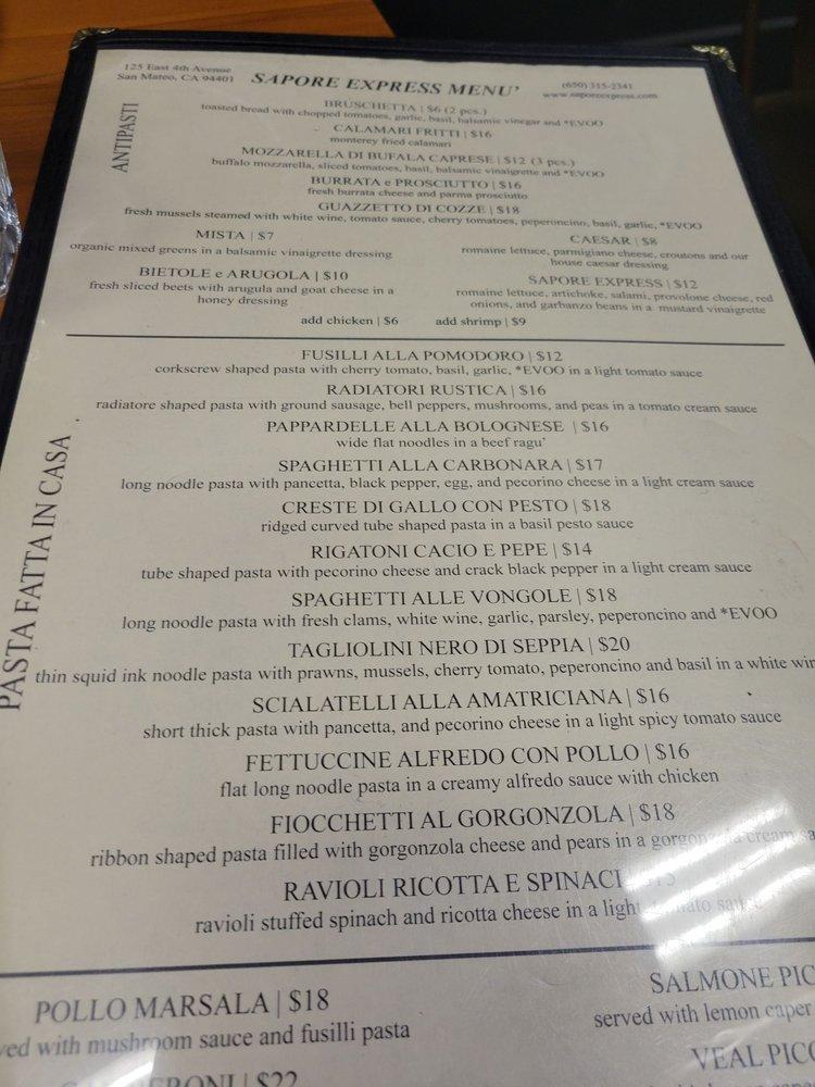 Menu at Sapore Express restaurant, San Mateo