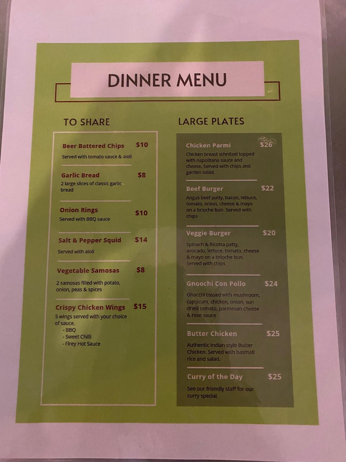 Menu at The Green Mango Cafe, Broome