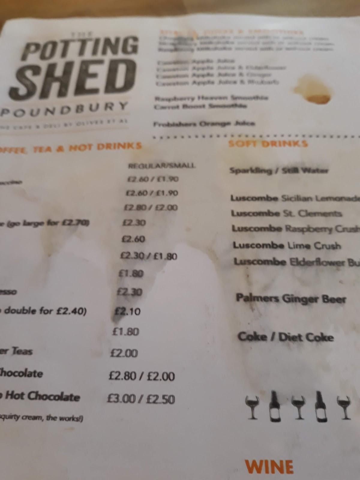 Menu at The Potting Shed cafe, Dorchester, Poundbury Farm Way