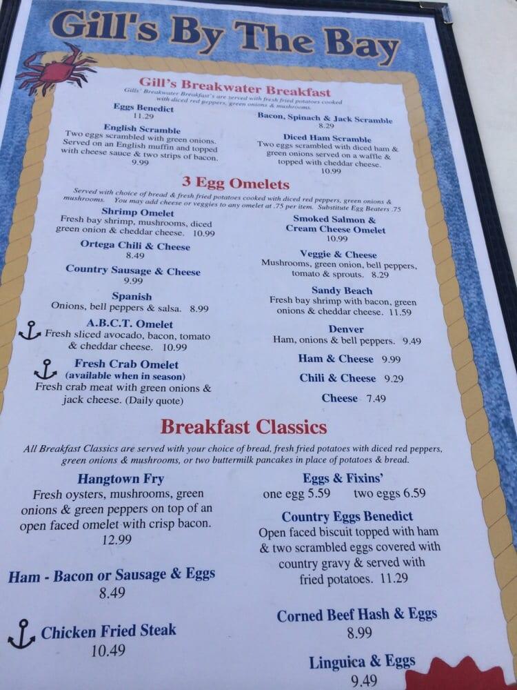 Menu at Gill's By the Bay restaurant, Eureka