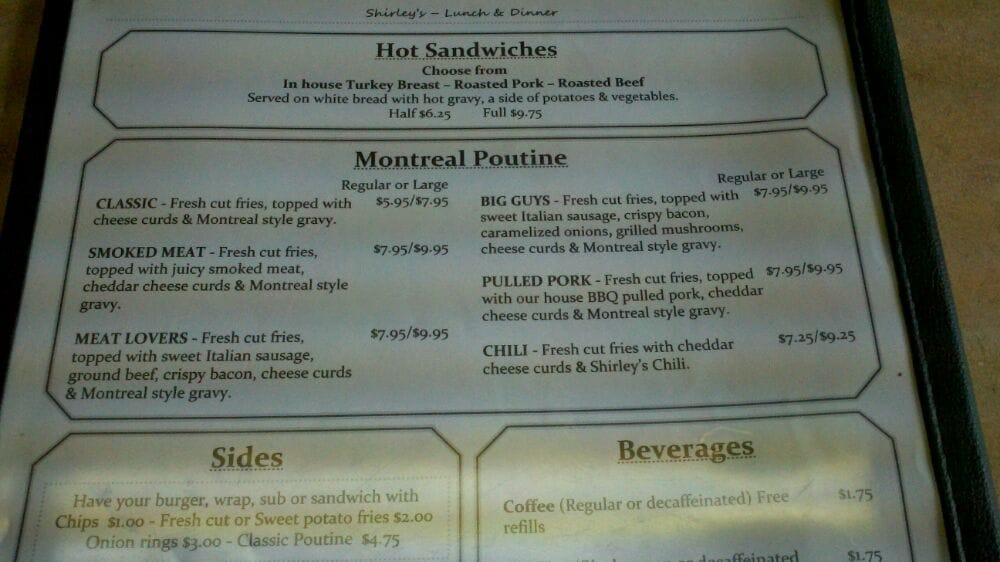 Menu at Shirley's Restaurant, Saratoga Springs