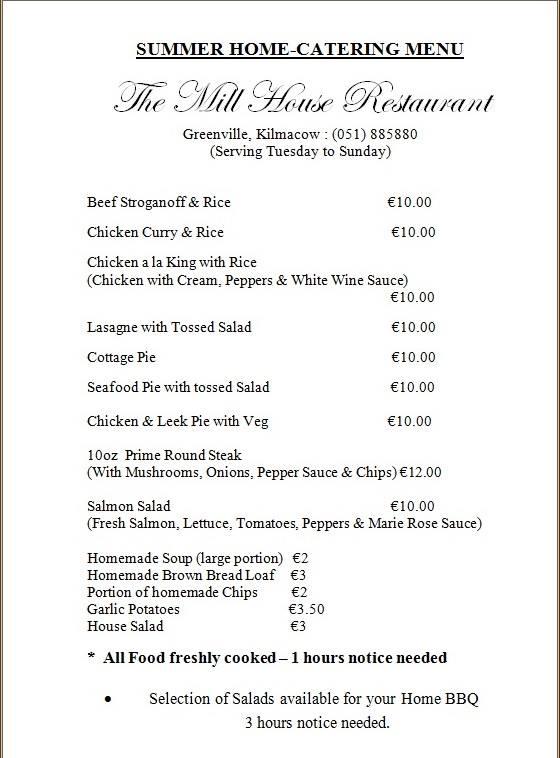 Menu at Mill House restaurant, Ireland, Greenvill