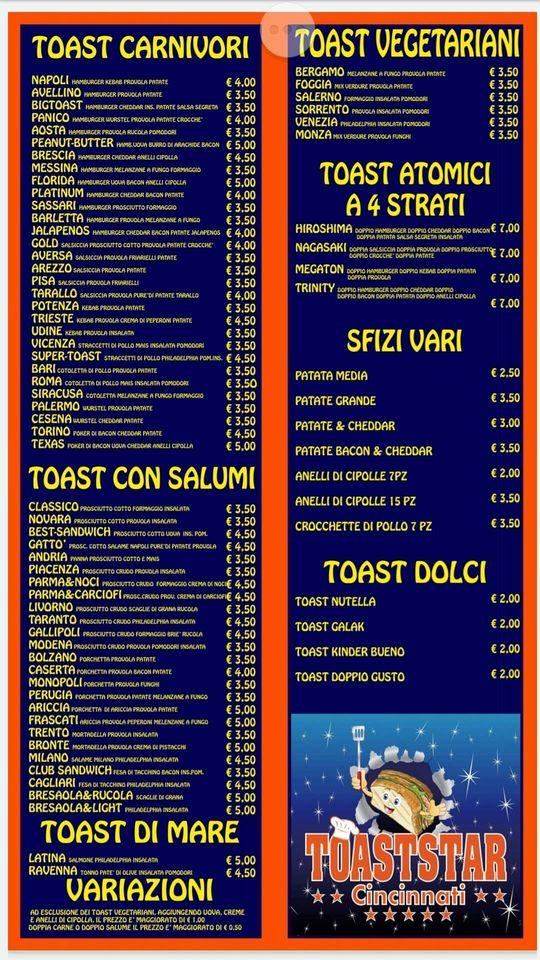 Menu di Toaststar toasteria takeaway 