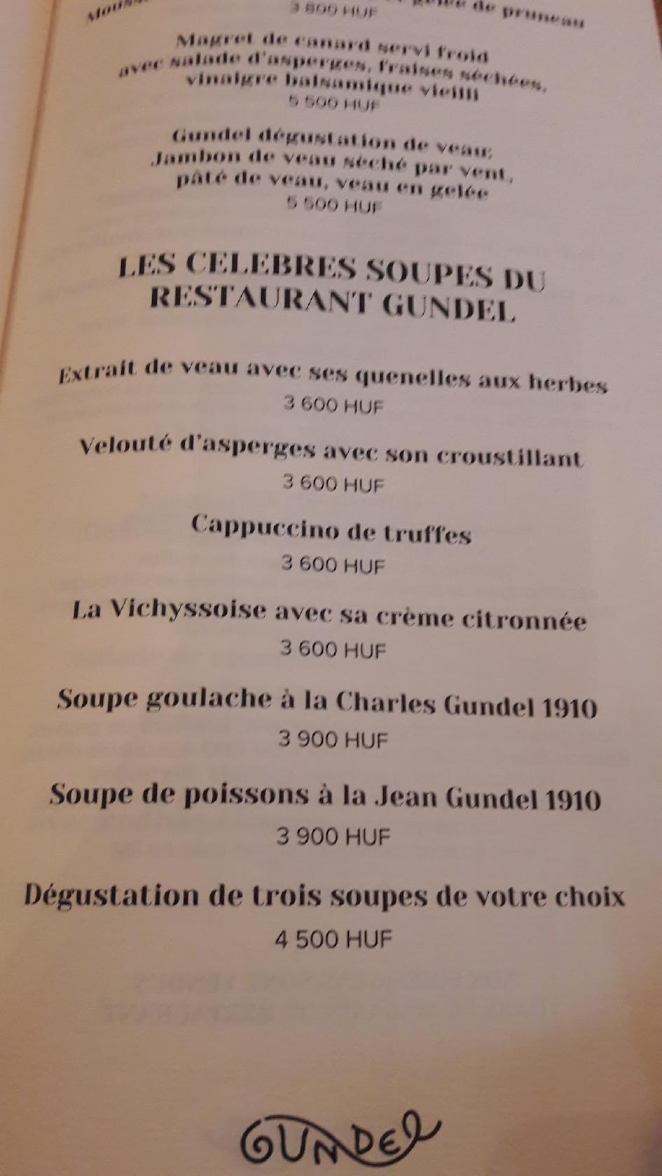 Menu at Gundel Cafe Patisserie Restaurant, Budapest