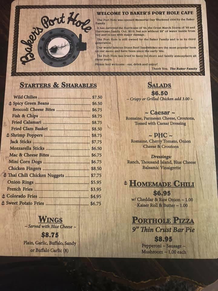 Menu at Baker's Port Hole Bar, Restaurant & Liquor Store, Ship Bottom