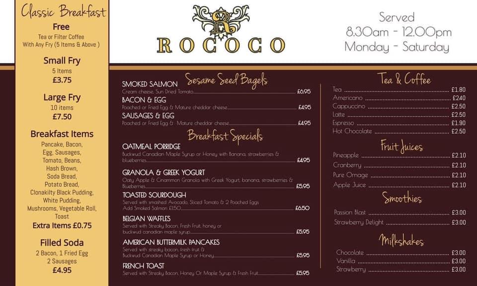 Menu at Rococo steakhouse, Ballymena, 56-58 Mill St