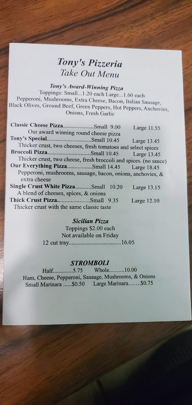 Menu at Tony's Pizzeria, Pittston, Main St 11171121