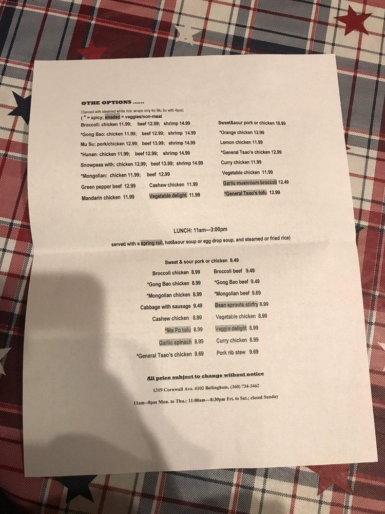 Menu at Dragon River restaurant, Bellingham
