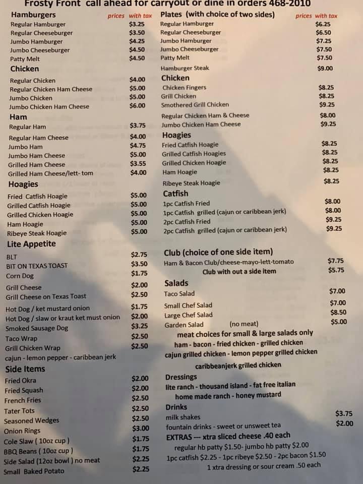 Menu at Frosty Front restaurant, Guin