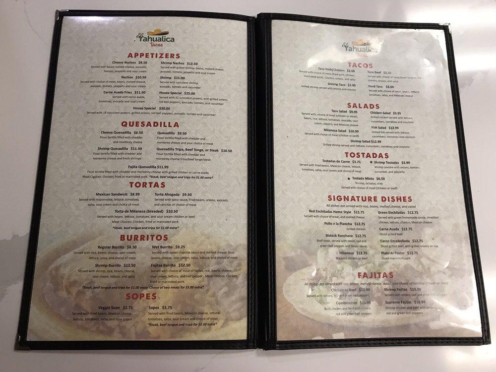 Menu at El Yahualica Tacos restaurant, Concord
