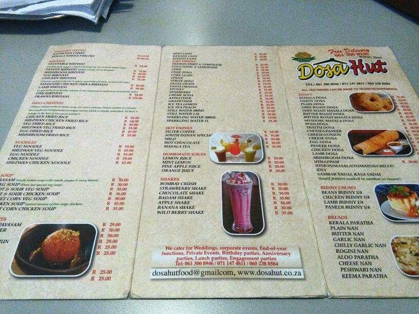 Menu At Dosa Hut Restaurant Johannesburg