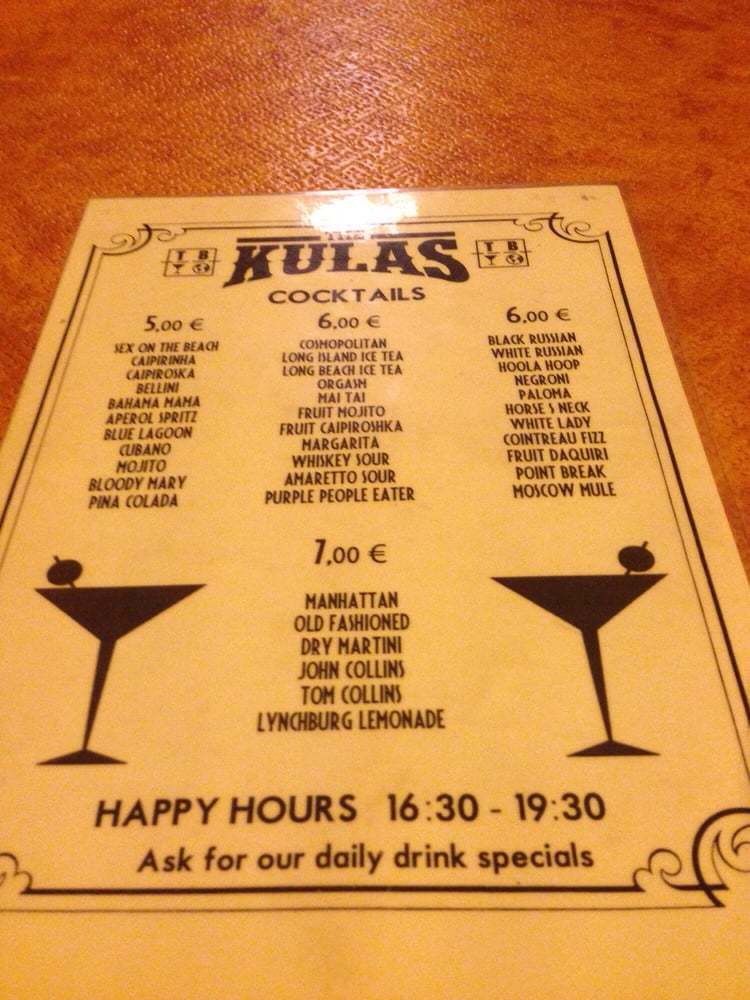 Menu at Kulas pub & bar, Barcelona, Passeig de Colom