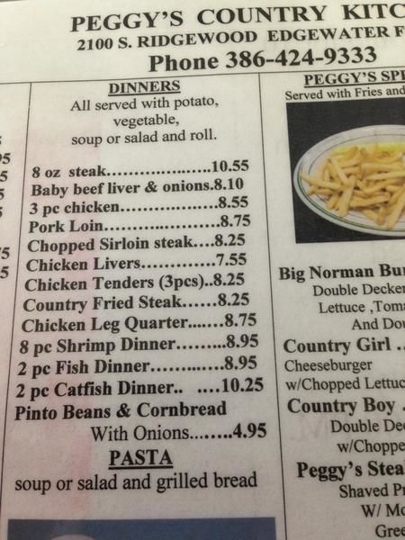 Menu at Peggy's Country Kitchen restaurant, Edgewater