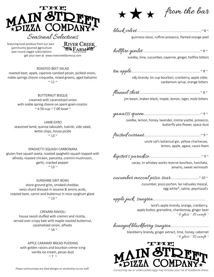 Menu at The Main Street Pizza Company Kingsport pizzeria, Kingsport