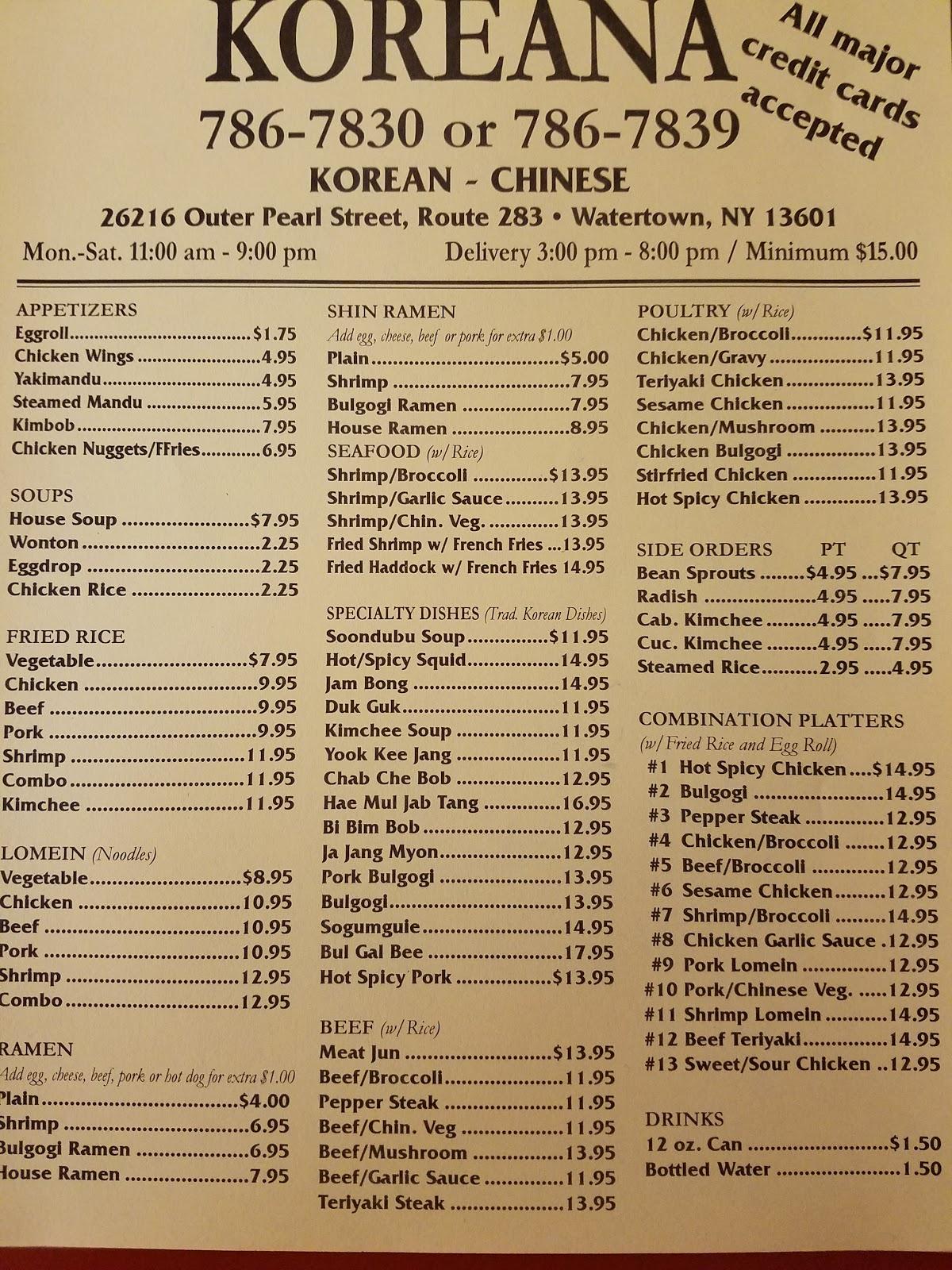 Menu at Koreana Restaurant, Watertown, NY283