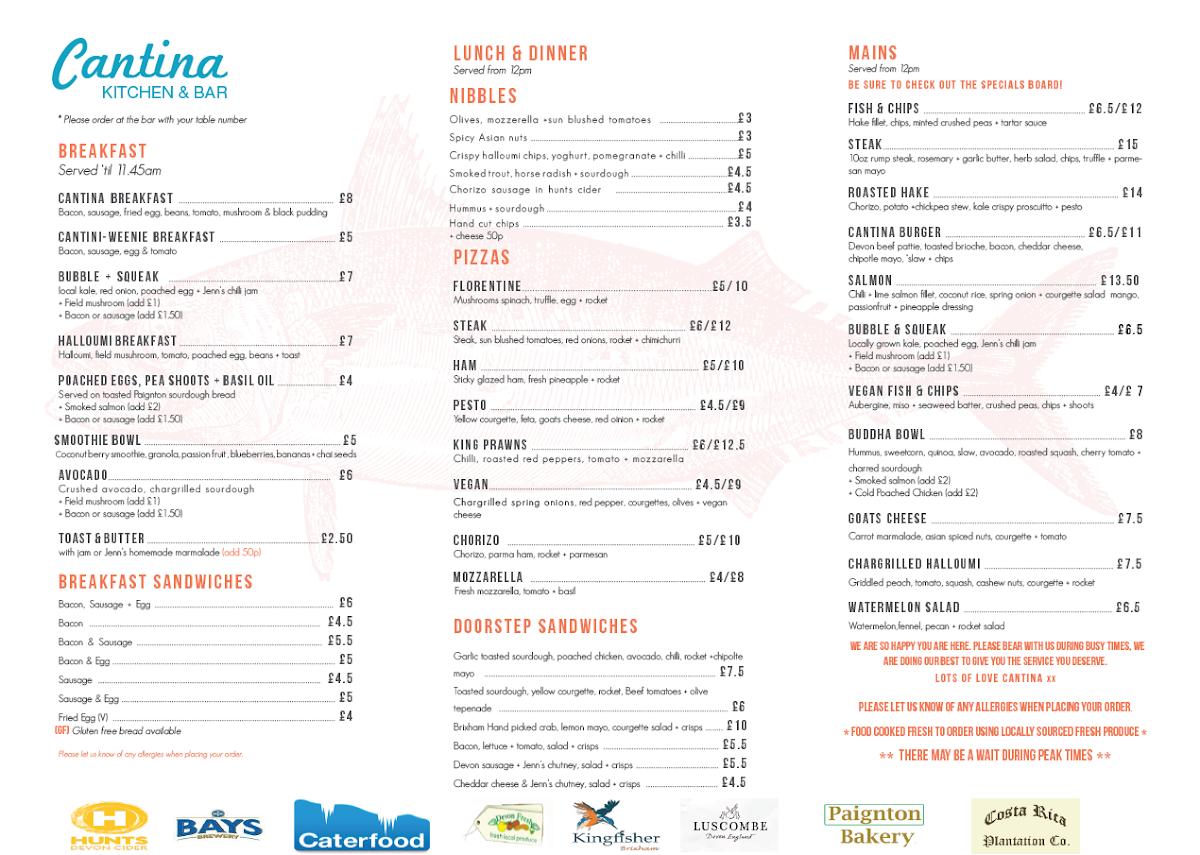 Menu at Cantina Kitchen and Bar, Paignton