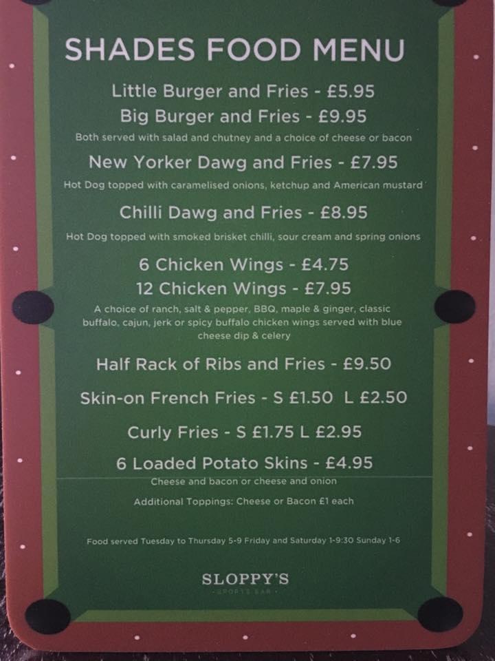 Menu at Shades Pool Bar, Hertford