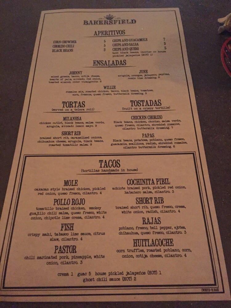 Menu at Bakersfield Nashville pub & bar, Nashville