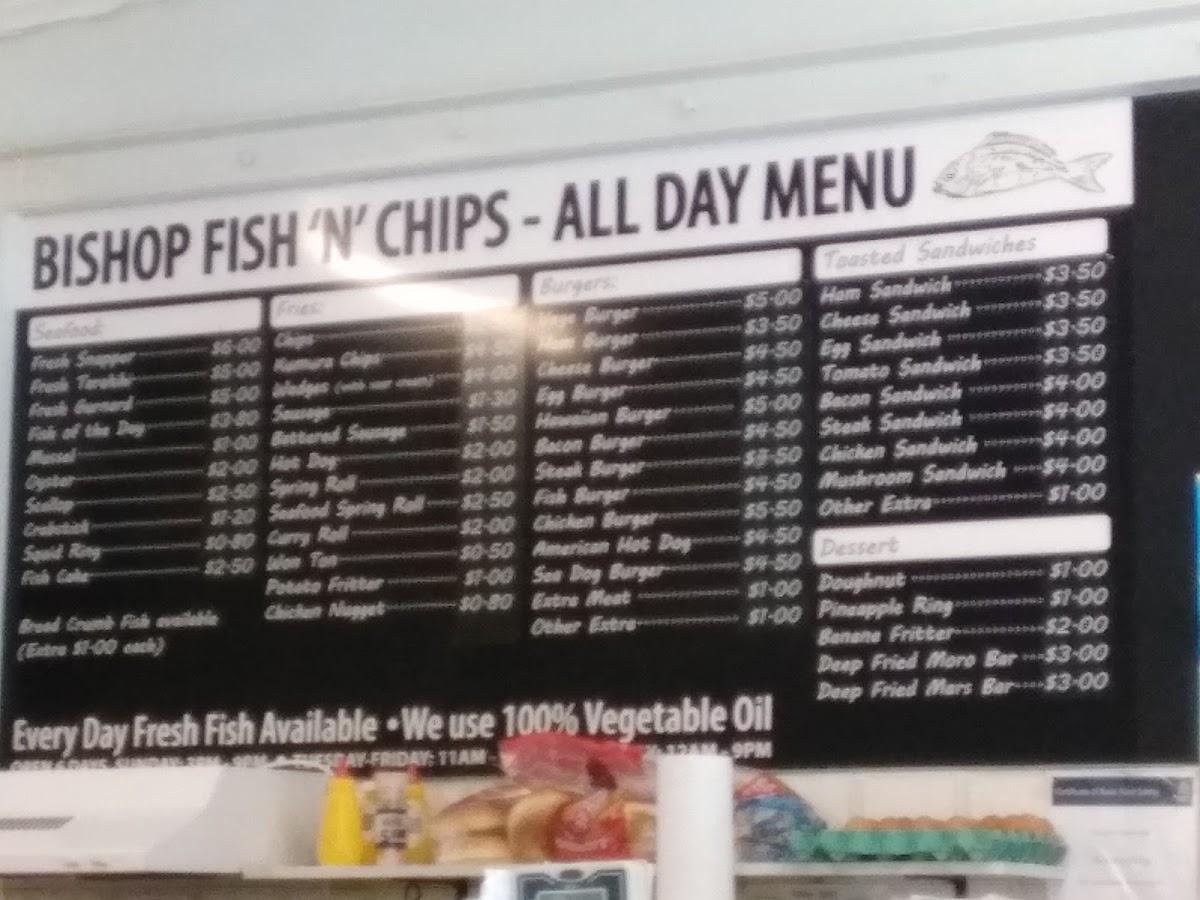 Menu at Fish and Chips restaurant, Auckland