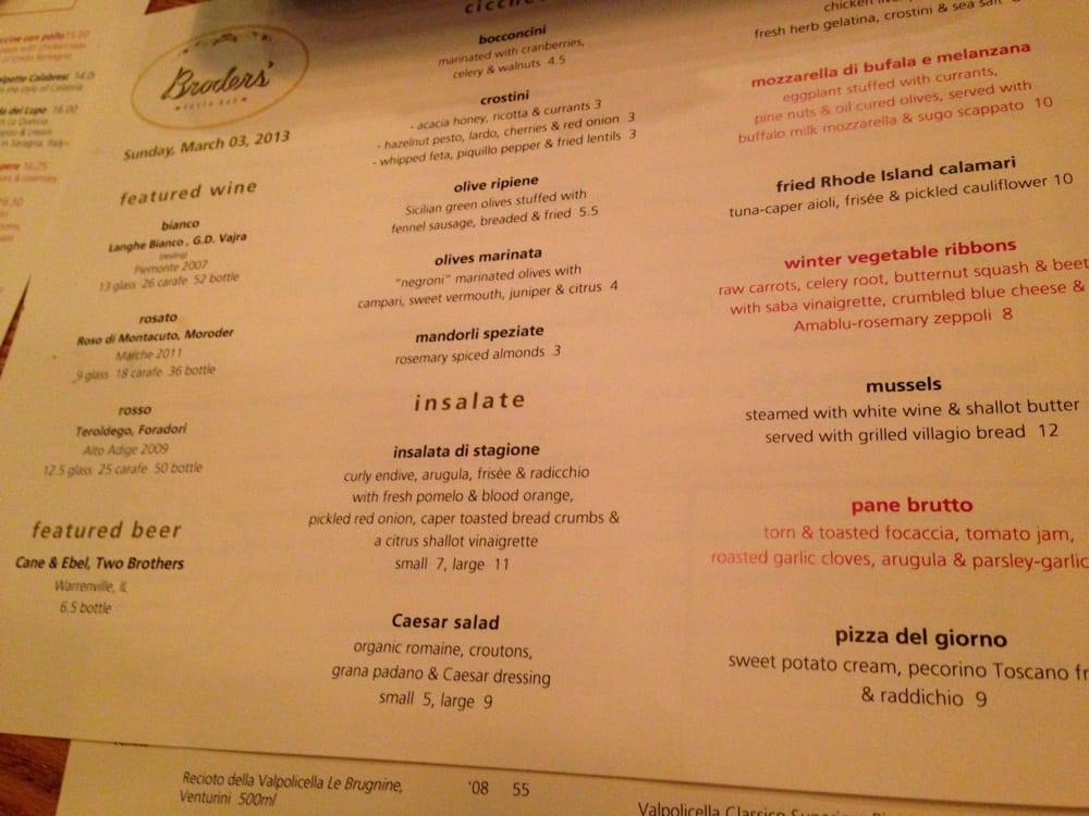 Menu at Broders' Pasta Bar, Minneapolis