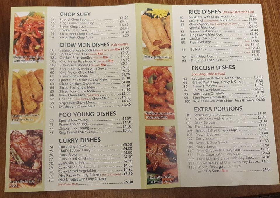 Menu at Choi's restaurant, Sheerness