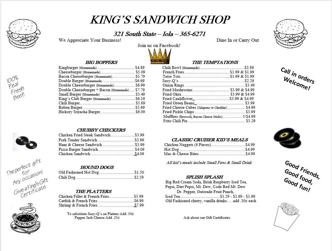 Menu at King's Sandwich Shop restaurant, Iola