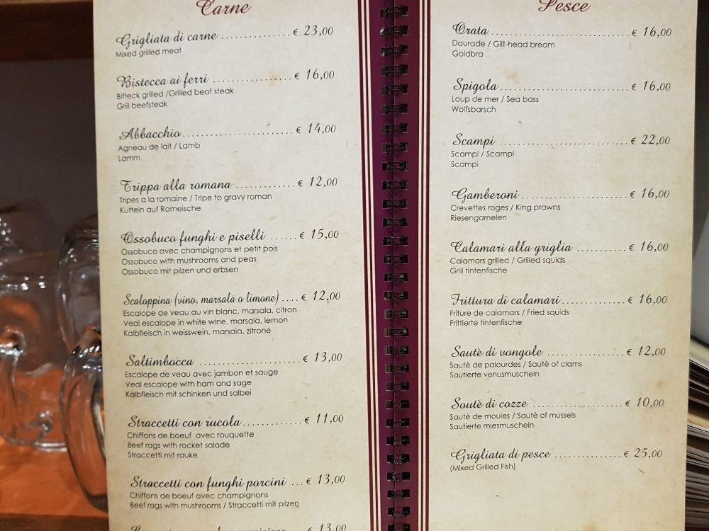 Menu at Sora Lucia restaurant, Rome