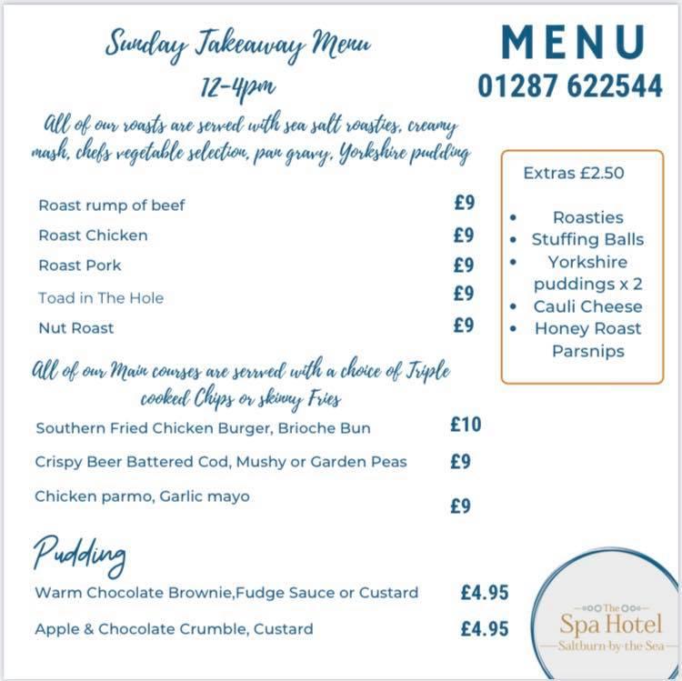 Menu at The Spa Hotel Saltburn restaurant, SaltburnbytheSea