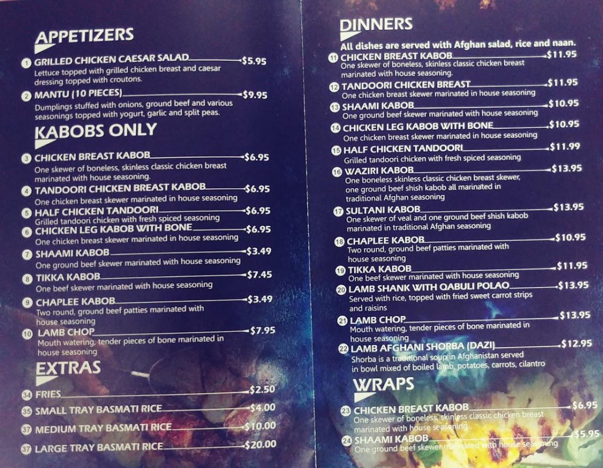 Menu at Afghan Kabob Restaurant, Toronto