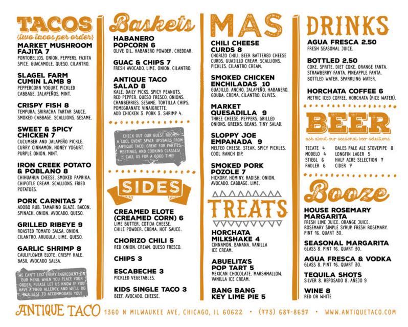 Menu at Antique Taco Wicker Park restaurant, Chicago, N Milwaukee Ave